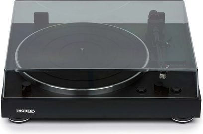 Giradischi Thorens TD 101 A nero opaco, vista dall'alto, coperchio trasparente aperto, piatto nero, braccio di lettura