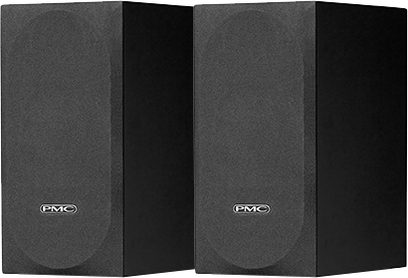 Two black PMC Prodigy1 bookshelf speakers, front view, on a reflective black surface, black background