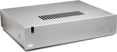 Arcam FMJ-P38 effektforstærker i børstet aluminium, frontpanel med ventilationsgitter og logo, set oppefra