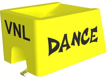 Diamant Ortofon STYLUS VNL DANCE jaune, boîtier plastique, inscriptions VNL et DANCE, cantilever argenté, vue de trois-quarts
