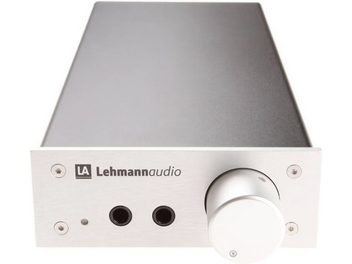Lehmann Audio Linear silver headphone preamp, front panel, brushed aluminum housing, jack inputs, volume knob