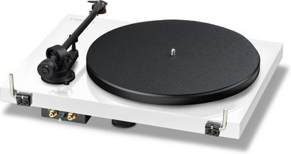 Hi-fi vinylspiller Triangle Lunar 3 hvit, sett ovenfra, rund svart tallerken, svart tonearm, rektangulær hvit sokkel