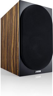 Diffusore da scaffale Canton GLE 20 S2 finitura legno makassar striato, frontale nero con grande griglia in tessuto arrotondata