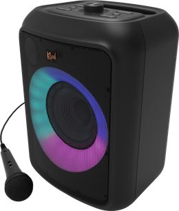 Boxa Bluetooth Klipsch GIG XL neagră, vedere frontală, cu grilă neagră și cerc luminos multicolor în centru