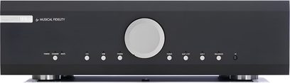 Musical Fidelity M6si sort stereo hi-fi forstærker med sølvfarvet cirkulær centerknap og 9 knapper på frontpanelet
