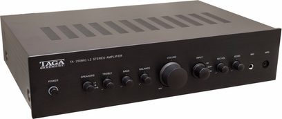 Hi-fi stereo forstærker Taga Harmony TA-250MIC v2, set forfra, sort kabinet, kontrolknapper, indgangsstik