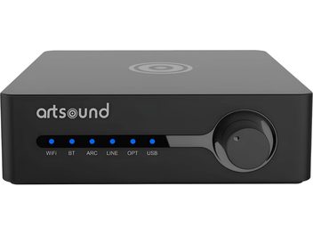 Черен мрежов аудиоплейър ArtSound Smart Stream 2 със сини индикатори и въртящ се бутон на предния панел