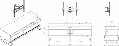 Exelium Hybo 130 TV-møbel med dimensioner i millimeter, set forfra, fra siden og oppefra, i sort-hvid teknisk tegning