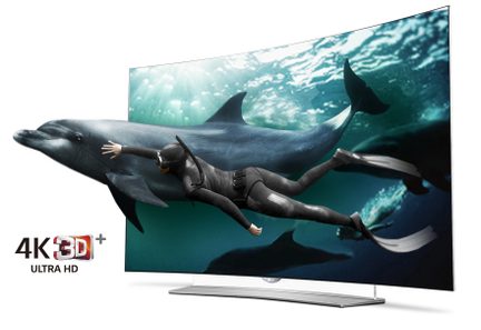 Delfin svømmer foran et 4K Ultra HD-tv, der viser et undervandsbillede af hajer