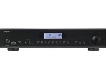Amplificatore hi-fi stereo Rotel A12 MKII nero, frontale con display LCD, pulsanti e prese sulla parte anteriore, vista frontale