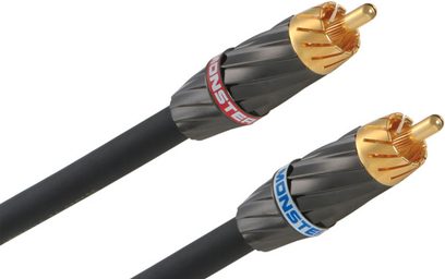To Monster Stereo Audio 400i 3 m RCA-lydkabler, den ene sort med forgyldte stik, den anden blå med forgyldte stik