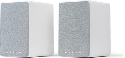 Draagbare bluetooth-luidsprekers GX-30ARC wit, 2 rechthoekige eenheden, afgeronde hoeken, voorkant lichtgrijze stof, wit logo onderaan