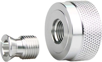 Silverfärgad metallisk tryckplatta, gängad i mitten, med en räfflad cylindrisk mutter på sidan, frontvy