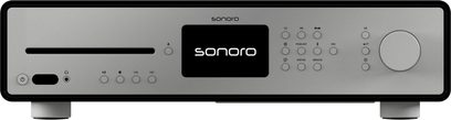 Sonoro Maestro Quantum high-fidelity system, front view, silver facade with LCD screen, black buttons and control knob