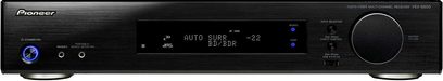 Pioneer VSX-S500 sort home cinema-forstærker, front, drejekontakter, LCD-skærme, kompakt