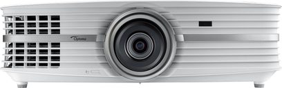 Optoma UHD55555 4K UHD kompakt lysegrå videoprojektor, front med linse, gitter og knapper, set forfra
