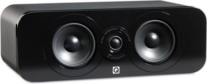 Q acoustics 3090C centerkanal med sort imiteret læder, frontvisning, 2 mellemtone højttalere og 1 diskant, rektangulært mat sort kabinet