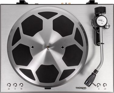 Thorens TD 404 DD platespiller sett ovenfra, børstet aluminiumstallerken med svarte innsatser og tonerarm