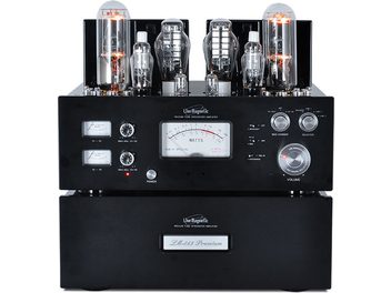 „Line Magnetic LM-845 Premium" stereo hi-fi stiprintuvas, priekinis vaizdas, 4 vakuuminės lemputės, analoginiai skydeliai, rankenėlės ir jungtys ant juodo priekinio skydelio