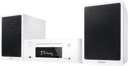 Denon CEOL N9 vit hi-fi-minisystem bestående av två svarta högtalare och en vit centrumenhet med LCD-skärm