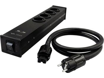 Black Taga Harmony PF-400USB surge protector power strip with 4 Schuko sockets, 2 front USB ports and detachable mains cable