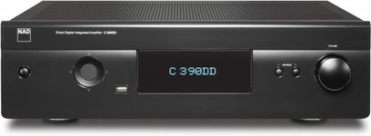 Ampli hi-fi stéréo NAD C390DD graphite, face avant, vue de face. Boîtier noir mat, afficheur bleu, boutons et prises