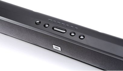 Bara de sunet JBL SB 400 neagră, vedere frontală, cu butoane de control și port USB pe partea dreaptă