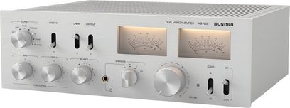Stereo-Hi-Fi-Verstärker Unitra WSH-805, silberne gebürstete Aluminiumfront, zwei VU-Meter, großer Lautstärkeregler, Dreiviertelansicht von vorne