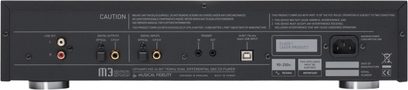 Musical Fidelity M3scd high-fidelity CD-afspiller set bagfra med RCA-, optiske-, USB-stik, strømforsyning og tekniske inskriptioner