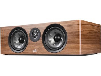 Enceinte centrale Polk Audio R400 noyer, 3 haut-parleurs circulaires noirs sur façade bois rectangulaire, vue de face