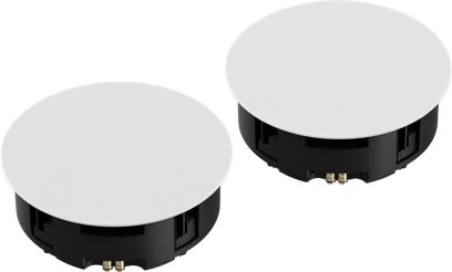 To Sonos In-Ceiling 8 tommer runde loftshøjttalere, hvidt gitter, sort kant