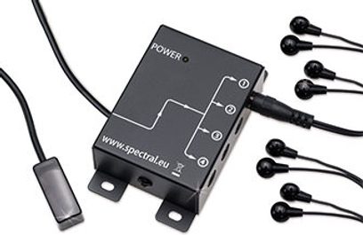 Spectral Brick BR1200 sort elektronisk kabinet med stik og kabler, set forfra på hvid baggrund