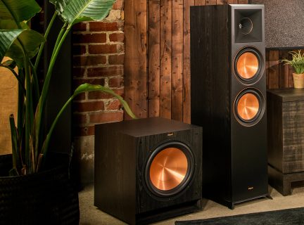 Diffusore a colonna nero con due coni in rame e tromba, subwoofer nero con cono in rame, parete in mattoni e legno, pianta verde