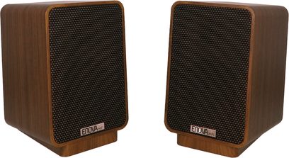 Sada reproduktorů 2.1 Enova HIFI VELA 2.1 8A, dvě obdélníkové dřevěné reproduktory, černé texturované mřížky, logo dole