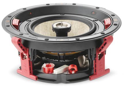 Altoparlante rotondo nero e rosso smontato, vista frontale, con componenti interni visibili come bobina e magnete