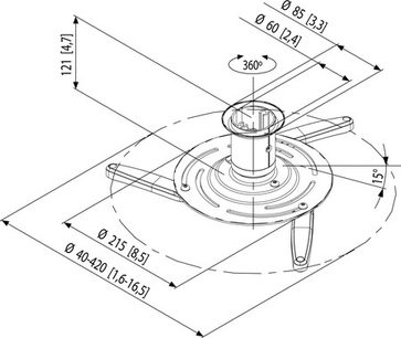 Teknisk diagram over Vogel's PPC 200 360° roterende loftbeslag til videoprojektor, med dimensioner og rotationsvinkler