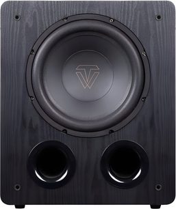 Tonewinner SW-D1000 sort subwoofer, set forfra, kabinet i trælook med centralt placeret højttaler og to runde basreflekshuller