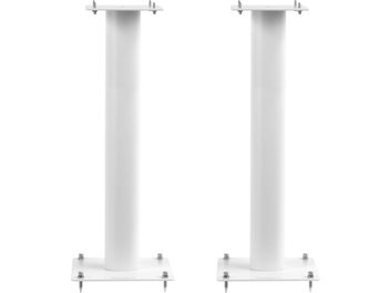 Due piedistalli per diffusori Norstone Stylum 2 bianco satinato, tubi cilindrici in metallo su base circolare, vista frontale
