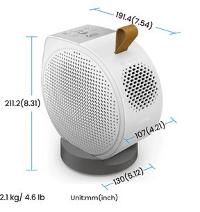 Fehér GV50 videovetítő, perspektivikus nézet, lyukasztott, lekerekített test, szürke kör alap, barna fogantyú, felső vezérlők