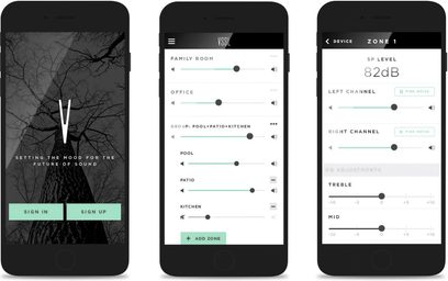 Trois captures d'écran d'une application mobile de contrôle audio affichant des zones, niveaux et réglages sur fond noir