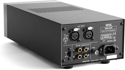 STAX SRM-353X hovedtelefon-forstærker, frontpanel med XLR- og RCA-stik, vælgere og potentiometre, sort metalkabinetdesign