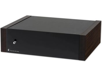 Fuente de alimentación externa Pro-Ject Power Box DS2 Amp negra, carcasa rectangular vista de frente con laterales con efecto madera