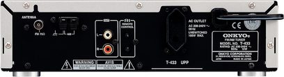 Onkyo T-433 sort tuner, frontpanel med stik, knapper og display, tæt forfra-udsigt på ensfarvet grå baggrund