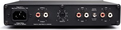 Preamplificatore phono Cambridge Audio Alva Duo argento, vista frontale, con connettori RCA, manopole e interruttori sul pannello anteriore nero