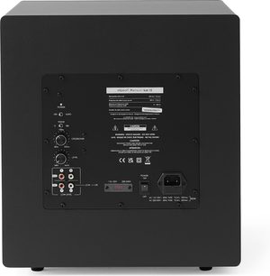 Subwoofer Elipson Premium Sub 10 černý, zadní pohled, matný kryt, kovový panel s tlačítky, vstupy RCA a IEC konektor