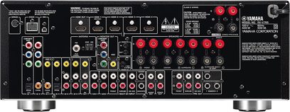 Yamaha RX-V765 amplituner kina domowego, panel przedni, widok z przodu, liczne gniazda audio/wideo, przyciski i pokrętła regulacyjne
