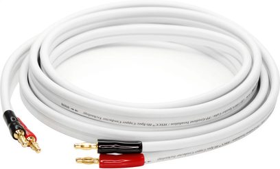 Real Cable CBV130016 hvidt monteret højttalerkabel, oprullet, med røde og sorte guldbelagte bananstik