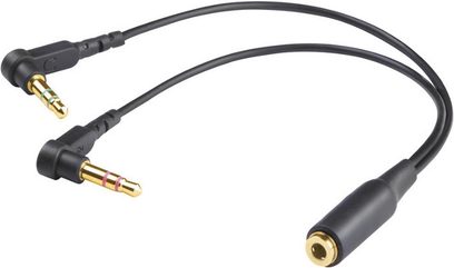 Sort lydkabel med forgyldte jackstik i enderne, til Beyerdynamic MMX 101iE-hovedtelefoner, set forfra