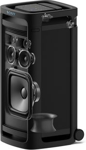Cassa bluetooth portatile Sony ULT Tower 9 nera in plastica opaca, vista di tre quarti anteriore, con pannello superiore touch retroilluminato, apertura trasparente che mostra diversi altoparlanti interni e un grande woofer quadrato, oltre a due ruote integrate alla base