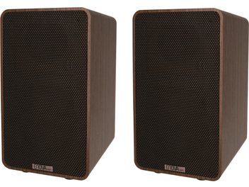 Draadloze verbonden luidsprekers Enova HIFI VELA IV walnoot, vooraanzicht, rechthoekige behuizingen met houtafwerking, zwarte gestructureerde roosters